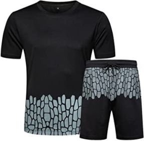 Men's Casual Crack Pattern Suits Fashion Short Sleeve T-Shirt And Shorts Loose Two-Piece Sets (Color: Black-S)