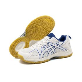 Men's and women's new fashion fashion comfortable badminton shoes anti-slip wear men's sports shoes table tennis shoes (Color: White and blue, size: 42)