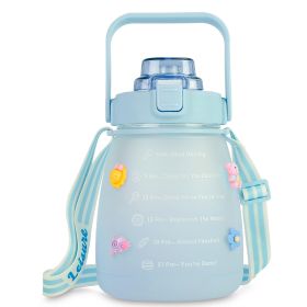 Kawaii Water Bottle with Straw 37.2oz Large Capacity Portable Sports Bottle with Cute Three-Dimensional Stickers (Color: Blue, size: One size)