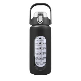 64Oz Glass Water Bottle Sports Water Bottle Motivational Water Bottle Water Intake Tracker Bottle with Straw Time Marker Silicone Sleeve Handle for Gy (Color: Black, size: 64oz)
